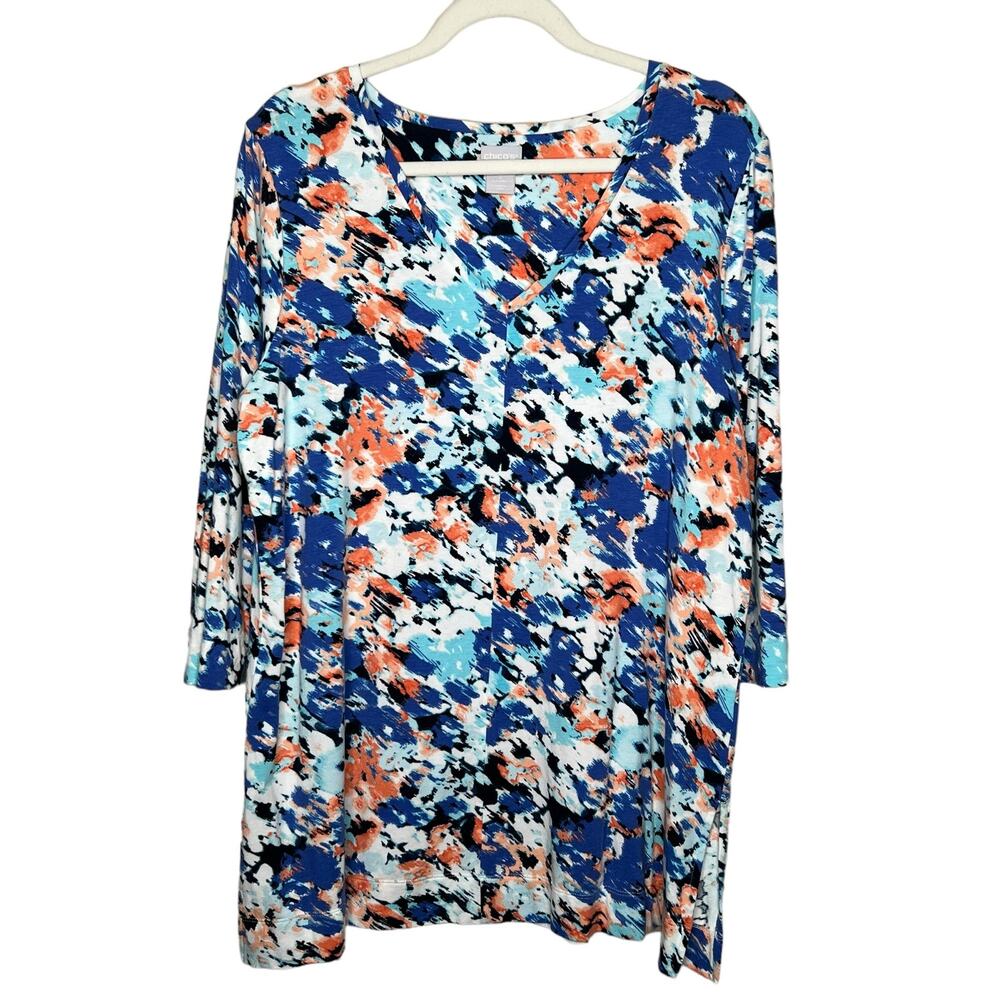 Chico's Refined Jersey Center - Seam Tunic Size 2 - Large floral Print Cotton